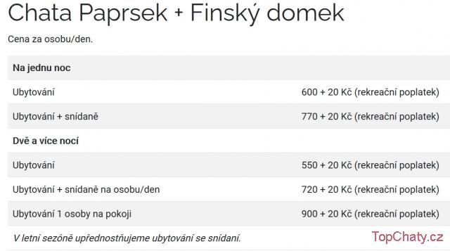Chata Paprsek ceník 2021