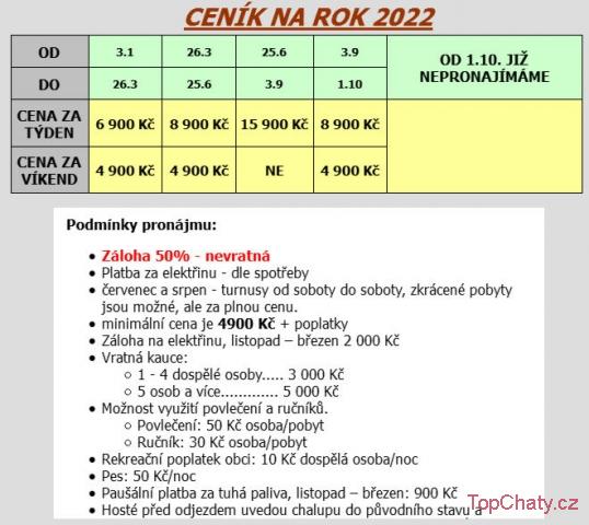 Chalupa Dlouhý důl Ceník 2022
