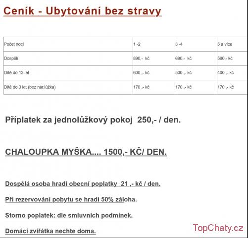 Chata Myšák Ceník 2023
